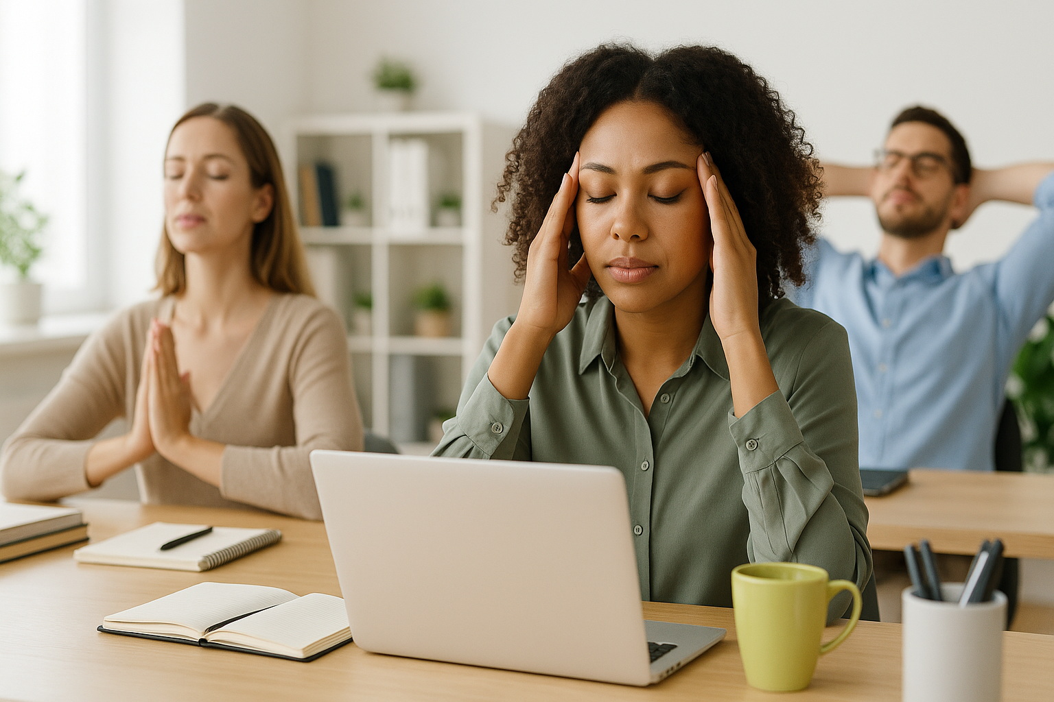 Person practicing deep breathing exercise at their desk
